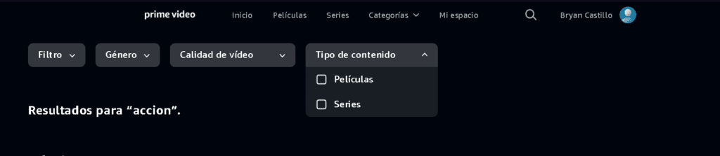 Ejemplo del principio de clasificación múltiple de la plataforma Prime Video